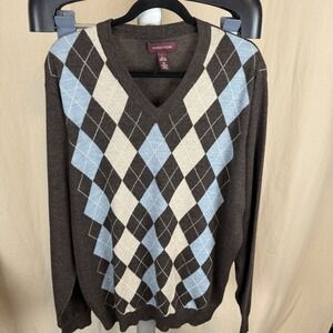 Nordstrom Men's V-Neck Sweater Large Dark Brown 100% Merino Wool Argyle Pullover